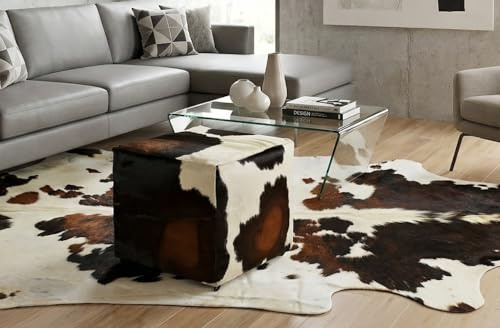 generisch Kuhfell Sitzwürfel Braun Weiß 40x40x40 cm – Handgefertigter Sitzhocker aus echtem Kuhfell – Fester Schaumstoffkern – Pouf mit Reißverschluss