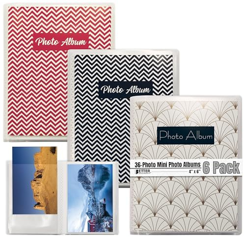 48 Photo Mini Photo Album, 4 x 6 Inch, Pack of 6, Clear View Cover with Removable Decorative Inserts, by Better Office Products, Holds 48 Photos, 6 Pack
