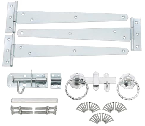 Infinity Decor Garden Gate Kit 12” Tee Hinges (3) Twisted Ring Latch, Brenton Bolt Wooden Barn, Shed Doors, Garage Gate Fittings Kit Galvanized Zinc