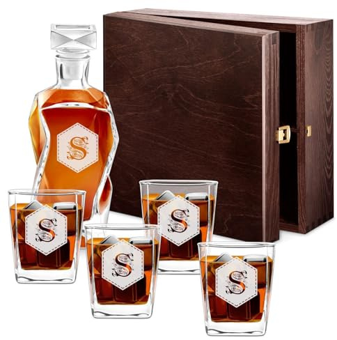 Maverton Whiskey Karaffe + 4 / 6er Whiskygläser Set mit Gravur - 700ml Whisky Dekanter - Weihnachtsgeschenke - Geschenk zum Geburtstag für Männer - Buchstabe