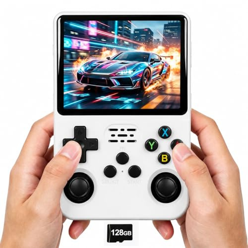 Whatsko R36S Consola Portátil, Consola Retro 128 GB, Sistema RK3326 Arkos, más de 40 000 Juegos, pantalla de 3,5 Pulgadas, Consola Retro Portatil para Jóvenes (Blanca)