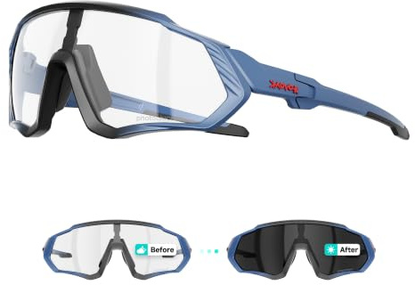 KAPVOE Selbsttönende Fahrradbrille UV400 TR90 Herren Damen K9408 | Klar zu Schwarz Photochrom CAT.0-CAT.2, Nachtfahrt, UV400, 34g TR90