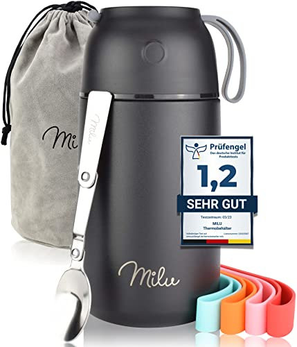 Milu® Thermobehälter für Essen 800ml, Edelstahl Warmhaltebehälter mit Löffel, Thermobecher Essen, Thermo Lunchbox für Kinder, Erwachsene, Thermobox Suppen, Babybrei, Speisebehälter Schwarz, 800ml