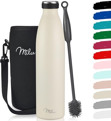 Milu Botella de acero inoxidable 350, 500, 750, 1000 ml, botella térmica aislada, botella térmica a prueba de fugas, apta para ácido carbónico (Crema de mantequilla, 1000ml)