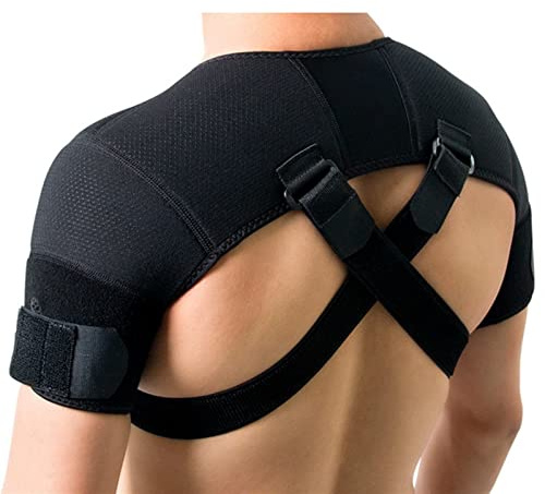 Dubbel axelbandage Justerbar sportaxelstödbälte Ryggsmärtalindring Dubbelbandage Cross Compression Axelrem (Storlek: L)