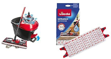 Vileda ULTRAMAX Turbo Kit Lavage Sol Complet, Balai, Housse en Microfibre & Recharge Balai à Plat Officielle - Version 2en1 Microfibre, Blanc et Rouge - pour vadrouilles UltraMax