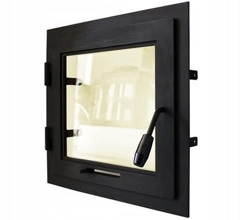 Puerta horno 100 x 70 cm, puerta chimenea con cristal para horno pizzero, hierro fundido. Sentido de apertura: izquierda | El mango está a la derecha. Con un collar.