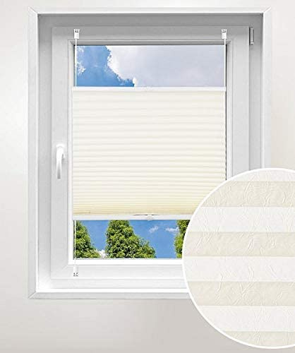 Laneetal Plissee ohne Bohren Klemmfix, Jalousie Faltrollo Crushed Optik, Cream 110 x 130 cm, mit Spannschue für Fenster und Tür, Easyfix klemmträger und verspannt, Sonnen-, Sicht- & Schallschutz
