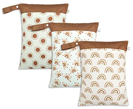 Treer 3 Stück Groß Windeltasche für Unterweg, Stoffwindeln Nasstaschen Baby Wetbag Wasserdicht Waschbar Wiederverwendbar Kleinkind Windeln Organizer Beutel mit Reißverschluss (30x40cm,braun)