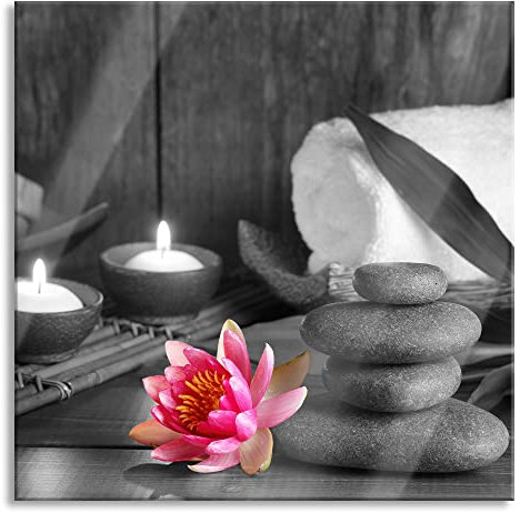 Pixxprint Glasbild, Wandbild auf Echtglas, Kerzen Seerose Zen Steine, 60x60 cm, inkl. Aufhängung und Abstandshalter