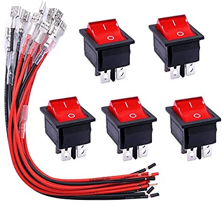 BRART Kippschalter AC 250 V/16 A, 125 V/20 A, rotes Licht, beleuchtet, Ein-/Ausschalter, DPST, 4-polig, 2 Positionen, 12 Stück 6,3 mm, 5 Stück