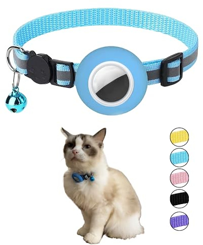 Hepplly Reflektierende Katzenhalsband mit Glocke und Airtag Halter, kompatibel mit Airtag, Katzenhalsband mit zerbrechlicher Sicherheitsschnalle für Kätzchen, Katze（Hellblau）