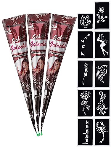 eLander 3x Temporäre Tattoo Natürliche + 10x Henna Tattoo Schablone,Temporäre Mehndi Tattoos, Natürliche Kegel, Tattoo sticker, Temporäre Tätowierung (Braun)