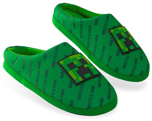 Minecraft Boys Slippers, Cosy Creeper Indoor House Shoes - Gamer Gifts for Boys (Green, 11/12 UK)