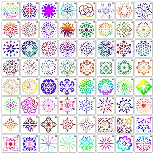 MWOOT 64 Pieces Mandala Painting Stencils Set,Small Drawing Templates for DIY Rock Stone Wall Craft Decors,Reusable Plastic Paint Stencils for Painting on Canvas Fabric Art DIY Lovers(10x10 CM)