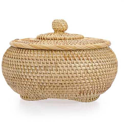 IGNPION Rattan Storage Basket with lid Multi-Purpose Decorative Storage Baskets for Shelf &Desktop Woven Picnic Fruit Bread Basket Egg Holder Bowl(Small)