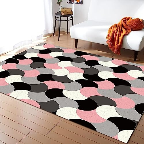Area Rugs For Living Room 3D Pink Gray Black Abstract Fan Pattern Printed Flannel Carpets, Extra Large Size Soft Rugs Anti Slip Washable Floor Mats For Bedroom Kids Room Decor Easy Clean 120-9B1M/E1