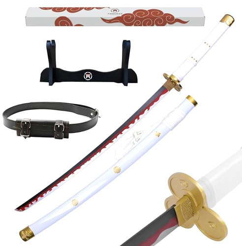 Hashiman - Katana One Piece - Roronoa Zoro Enma Blanc - Réplique Manga Sabre + Support d'Epée Bois + Ceinture
