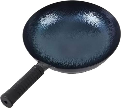 Wok in Ferro Pre-Stagionato Senza Rivestimento, Wok Martellati Tradizionali e Padelle per Friggere con Manico, Padella Wok Antiaderente con Fondo Tondo Senza Rivestimento, Meno Olio (36 cm)