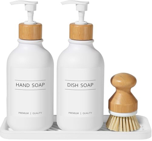 GMISUN Hand and Dish Soap Dispenser Set with Tray for Kitchen Sink, 500 ML White Hand Wash Bottle for Bathroom with Bamboo Pump and Dish Brush, Farmhouse Lotion Washing Up Liquid Detergent Dispensers