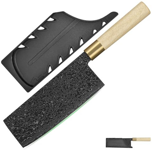 FULLHI Cuchillo japonés de acero damasco negro con funda, mango de madera Gyutou sashimi cuchillo de chef cuchillo de cocina con caja para hombre mujer regalo (Cuchillo chino)