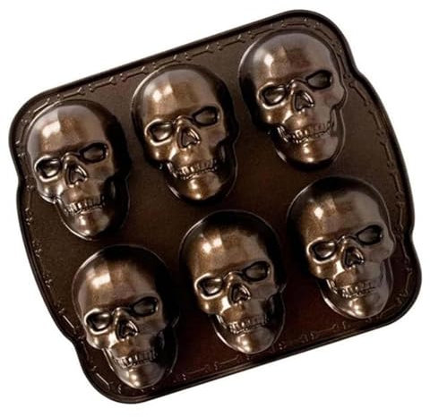 Jingmiger Totenkopf-Formen, 6 Fächer Silikon-Totenkopf-Süßigkeitsform, Halloween Skull Silikonform, Halloween-Kuchenform, Halloween Backform Kuchendekoration, Süßigkeiten, Muffins, Pudding