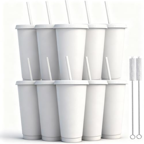 Yisituo Lot de 10 gobelets réutilisables en plastique de 710 ml avec couvercle et paille, gobelets de voyage pour adultes, fête de Madame et plage, réunions à la piscine (blanc)