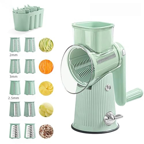 Rallador de Queso Giratorio 5 en 1, Cortador de Verduras, rallador de Queso Gourmet 5 en 1, rallador de Queso Manual de Cocina con Mango, aparatos de Cocina fáciles de Limpiar,Green