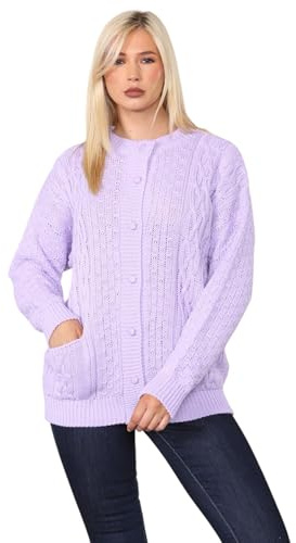Stylish Doll Women’s 7 Button Knitted Cardigan - Chunky Long Sleeve Cable Knit Front Button Top Aran Crew Neck Warm 2 Pockets Ladies Casual Sweater Winter Jumper Plus Size UK 8-22