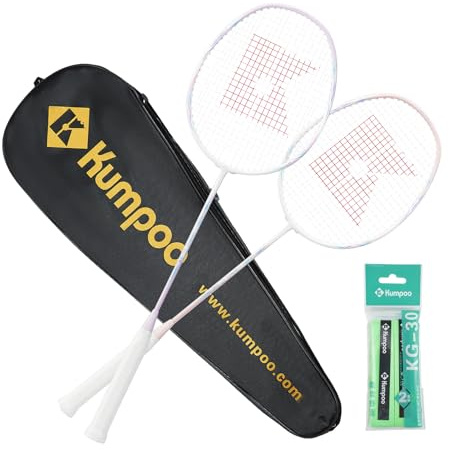 KUMPOO Badmintonschläger-Set mit 2 Carbon-Schaft-Schlägern, Griffbändern, 1 Tragetasche, 3U-87g Professioneller Badmintonschläger Leicht für Anfänger Outdoor-Spiele, E30 Rosa+Lila