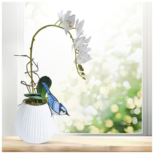 Cute Blue Jay Stained Glass Suncatcher for Pot Plant Decoration - Unique Planter Decor, Home Office Plant Decoration