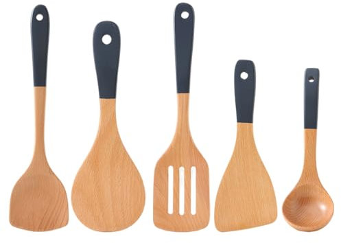 QTANZIQI Cuillères en Bois pour Cuisiner 5 pièces en hêtre Naturel Ustensiles de Cuisine en Bois Ensembles ustensiles en Bois pour la Cuisson des ustensiles de Cuisson en Bois pour Les spatules en