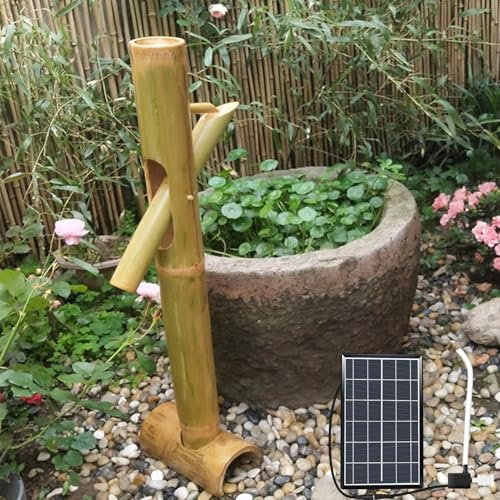 Fontaine D'extérieur Solaire en Bambou, Fabriquée en Bambou Ancien avec Base Renforcée, Traitement De Carbonisation, pour Jardin(60cm)