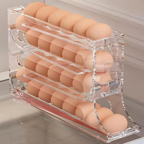 Boîte à Œufs à Glissière Automatique – Range-Œufs Empilable 4 Niveaux en PP, Capacité 30 Œufs, Gain de Place, Facile à Nettoyer, pour Porte de Réfrigérateur, Couleur Transparente