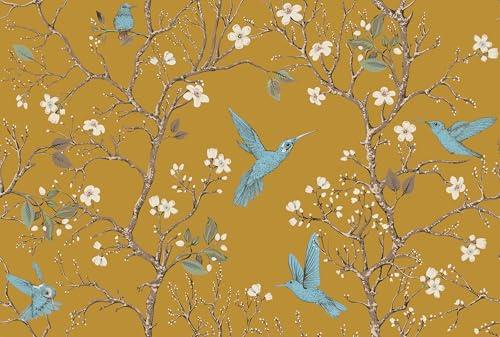 ReWallpaper Dark Yellow Wallpaper Vintage Floral Vinyl Wrap for Furniture Kitchen Cupboards Bird 44.5CMx3M Self Adhesive Bathroom Wallpaper Waterproof Yellow Contact Paper Floral Pattern