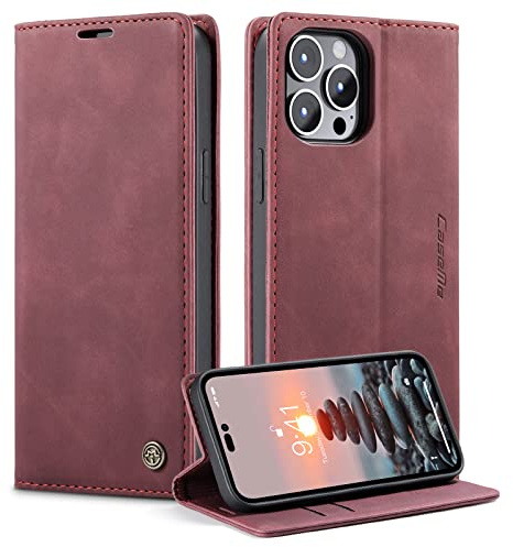 Monweicz Fodral för IPhone 14 Pro, plånbok PU-läder stötsäkert fodral, Skyddsfodral med korthållare spår Magnetisk Stängning, läderfodral för IPhone 14 Pro-Vinröd