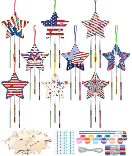 Lot de 9 carillons à vent en forme d'étoile - Kit de bricolage pour enfants - En plein air - Artisanat musical - Ornements suspendus en bois pour Noël, Thanksgiving, anniversaire, Halloween
