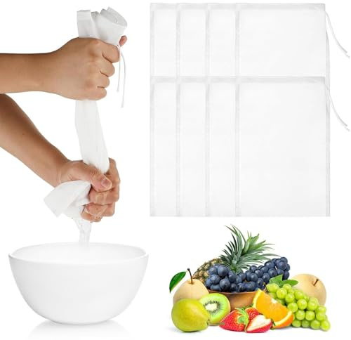 dinghaole 8 Stück Nussmilchbeutel, 20x30 cm Passiertuch Wiederverwendbar, Nylon Filterbeutel Nussmilchbeutel Bio Waschbar mit Kordelzug für Nussmilch Käse Kaffee Joghurt Fruchtsaft