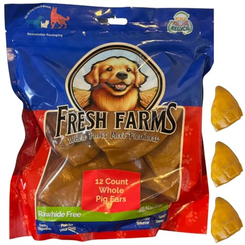 Fresh Farms 12 Pack Pig Ears Shaped Chews – Natural Single Ingredient Chews for All Breeds and Sizes – Thick, Tasty, Rawhide Free Treats – Long Lasting and Fully Digestible Pork Snacks, Resealable Bag