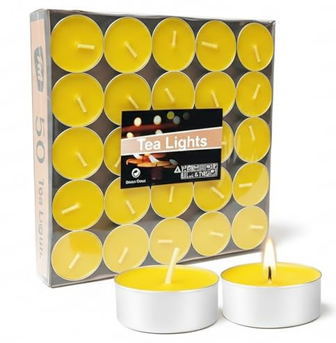 Artisoul 50 velas de té sin aroma, color amarillo, 4 horas de combustión, diámetro de 3,8 cm, ideal para decoración de mesa, restaurante, iglesia y Pascua, celebraciones y ambiente acogedor