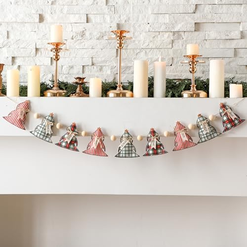 Cinnvoice Felt Christmas Garland 9.8 ft Red and White Plaid Xmas Tree Banner Rustic Vintage Wooden Beads Garland Christmas Decoration Winter Holiday Banner for Mantle Fireplace Home Window Wall Decor