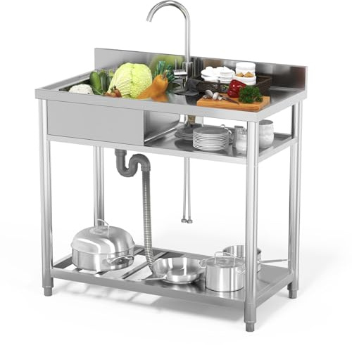 Optmspic stainless steel Single Bowl Kitchen Sinks with 360°Swivel Faucet utility sink for Laundry Room and Outdoor Sink (39 inch)