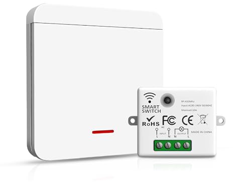 Interrupteur sans fil 433 MHz – 1 interrupteur et 1 récepteur 10A, installation facile, interrupteur radio sans fil et sans pile, télécommande d’éclairage à distance pour usage domestique