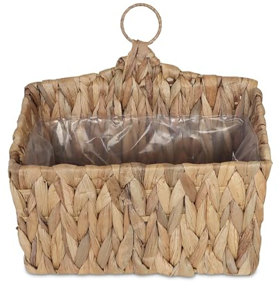 Relaxdays Appeso per Piante in giacinto d'Acqua, Erbe, HLP 29 x 28 x 15 cm, Cesto Intrecciato, Fodera, Anello, Fibra vegetale, Ferro, Plastica