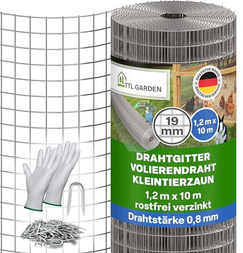 TTL GARDEN 1 x 10 m de malla de alambre galvanizado de 19 mm de malla de 0,80 mm de grosor – en rollo de malla de alambre para aviarios de 10 m x 1 m de ancho 19 mm de ancho