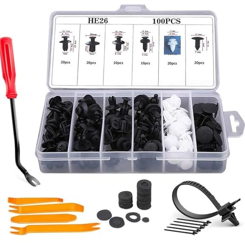 HDBAFCSV 100 pezzi di clip for paraurti in plastica, 6 dimensioni, for auto, rivetti, elementi fissaggio, kit for perno a pressione for for rimozione(100 Pcs With 30 Tool)