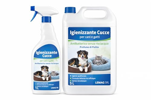 Igienizzante Cucce per Cani e Gatti – Azione Antibatterica Senza Risciacquo – Profumo di Pulito – Formati 1 L / 5 L – LEMAG SRL (1LT)