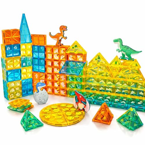 Wonder Toys Magnetisk dinosauriebyggsats, 63 delar, 3D-magnetiska byggstenar med dinosauriefigur, STEM pedagogiska leksaker från 3 år