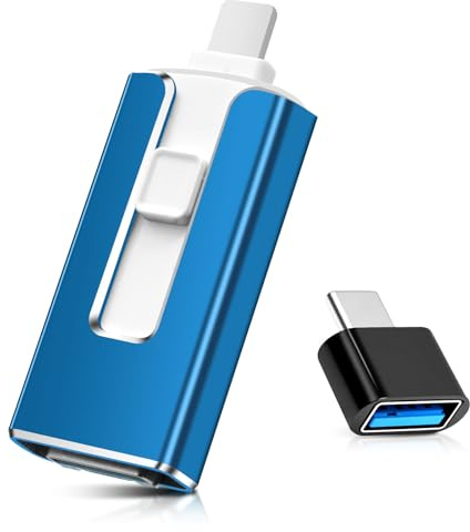 Clé USB 128 Go, [Certifié MFi] Cle 4 en 1 avec Port Lightn-ning, USB, Type-C, Port Micro USB, clé USB 3.0 Photo Stick Mémoire Externe pour iPhone, Android, Pad,PC,sans Application(Bleu)