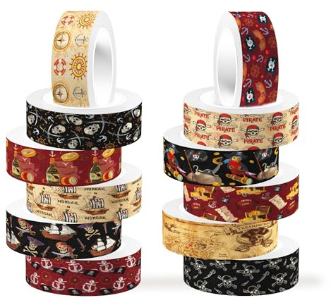 CC HOME Lot de 12 rouleaux de ruban adhésif Washi - Motif pirate - Ruban adhésif décoratif - Accessoires de scrapbooking - Accessoires de journal intime - Bricolage - Artisanat - Journal